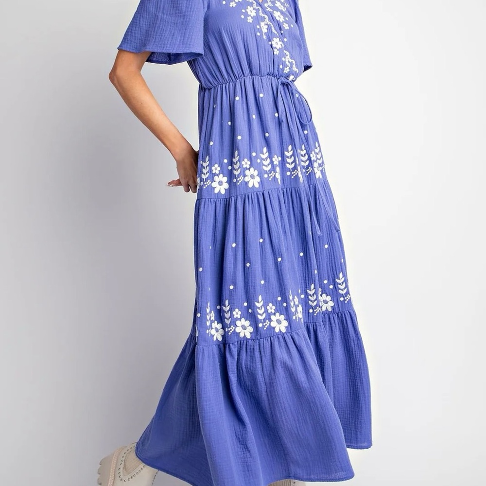 Easel Cotton Gauze Floral Embroidered Tiered Maxi Dress - size L, NWT